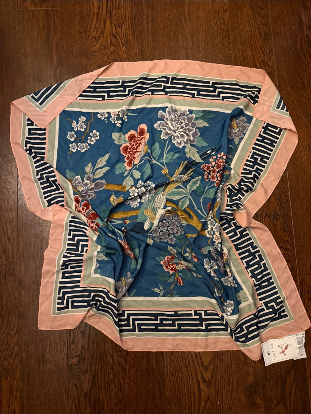 H&M Blue Floral Silk-Feel Scarf with Pink Border 36x36 inches